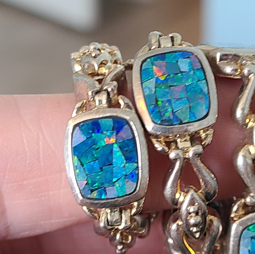 925 Vintage Opal Mosaic Bracelet Sterling Silver Whitney Kelly Estate Jeweley